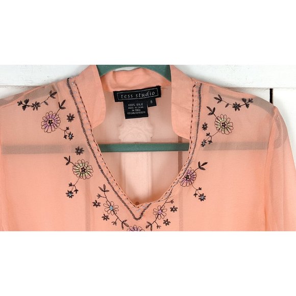 Tess Studio sheer lightweight silk embroidered beaded boho blouse 8 - Picture 3 of 4